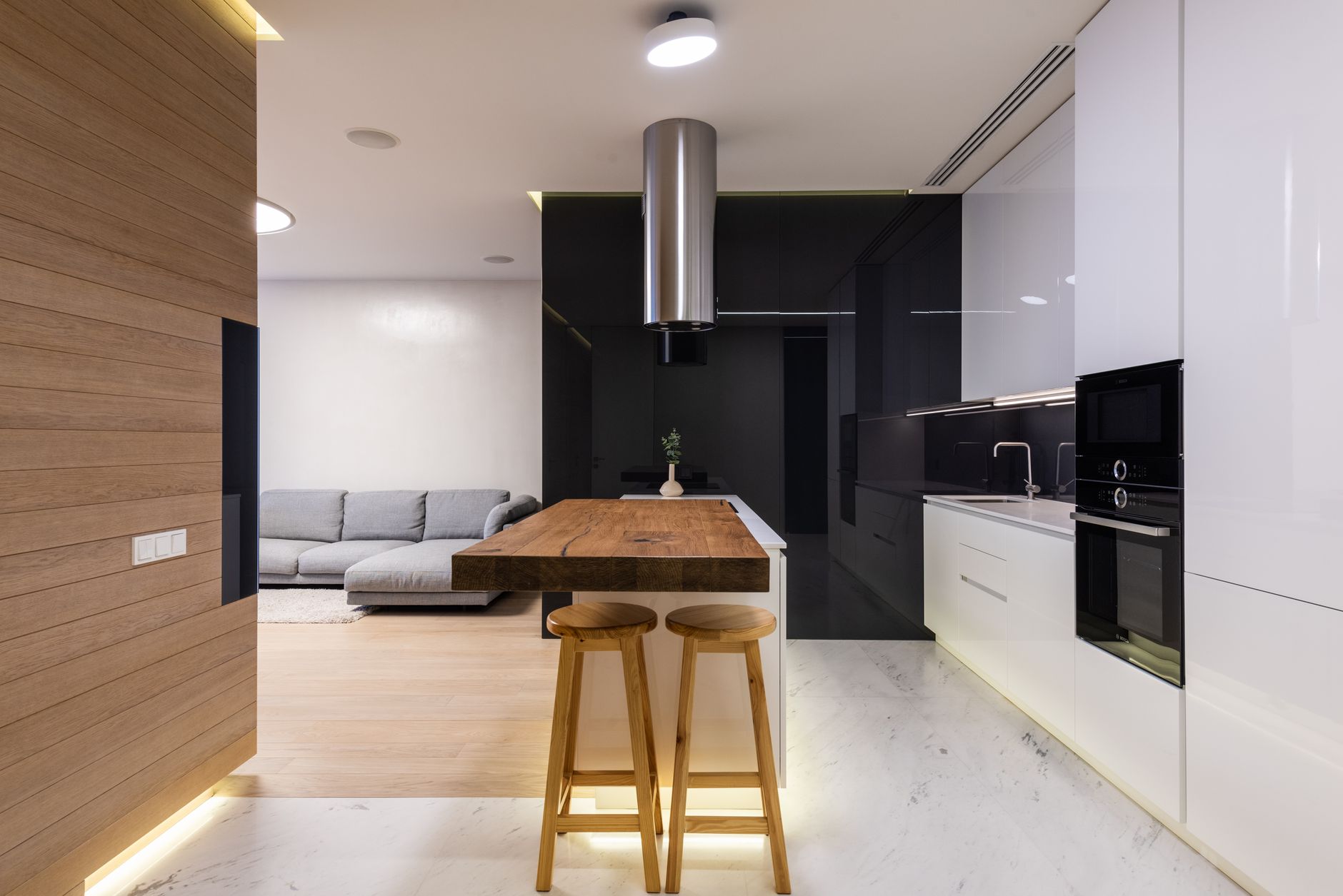 Modern apartment studio with wooden bar counter separating stylish kitchen from living room with sofa